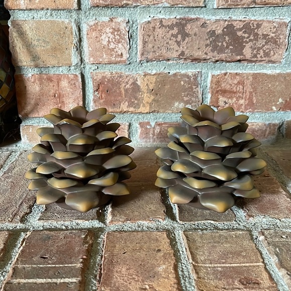 PartyLite Ceramic Pine Cone Taper Candle Holders Set of 2 - Picture 1 of 6